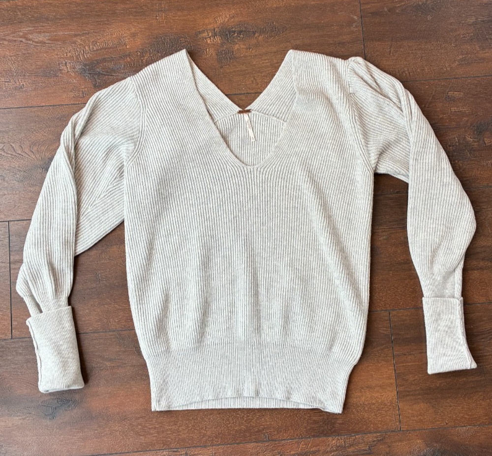 Free People V Neck Sweater Womens Gray Ribbed Puff Sleeve Knit, Size S